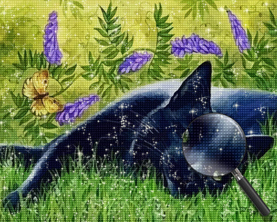 Black Cat on Grass Diamond Painting