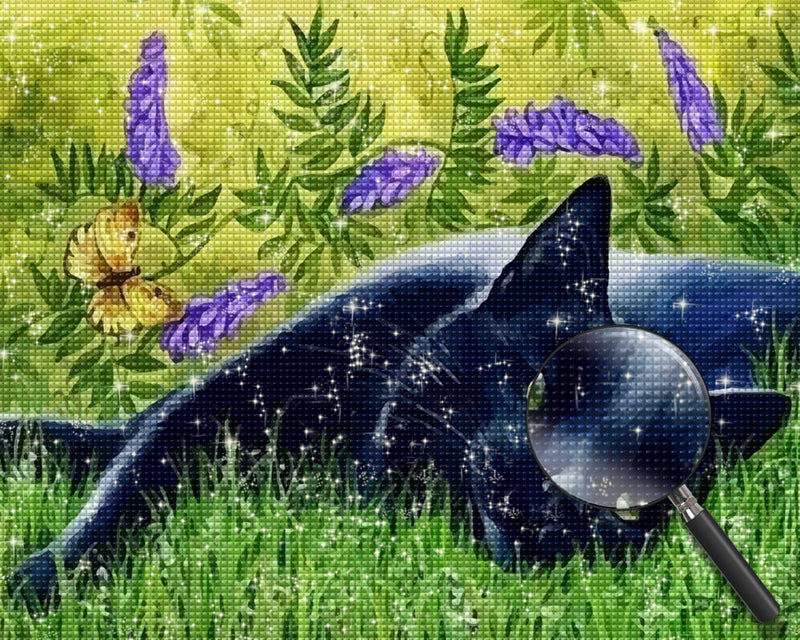 Black Cat on Grass Diamond Painting