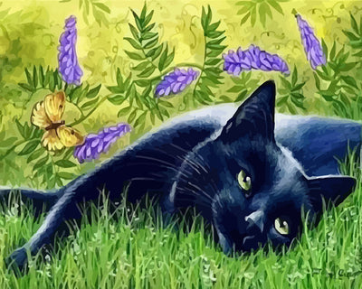 Black Cat on Grass Diamond Painting