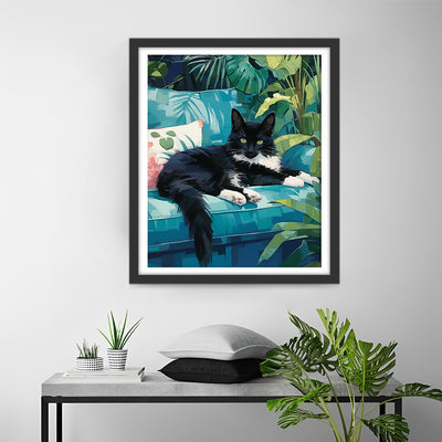 Black Cat on the Green Sofa Diamond Painting
