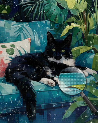 Black Cat on the Green Sofa Diamond Painting