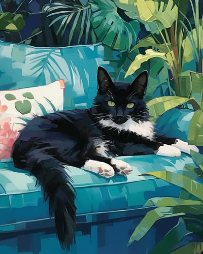 Black Cat on the Green Sofa Diamond Painting
