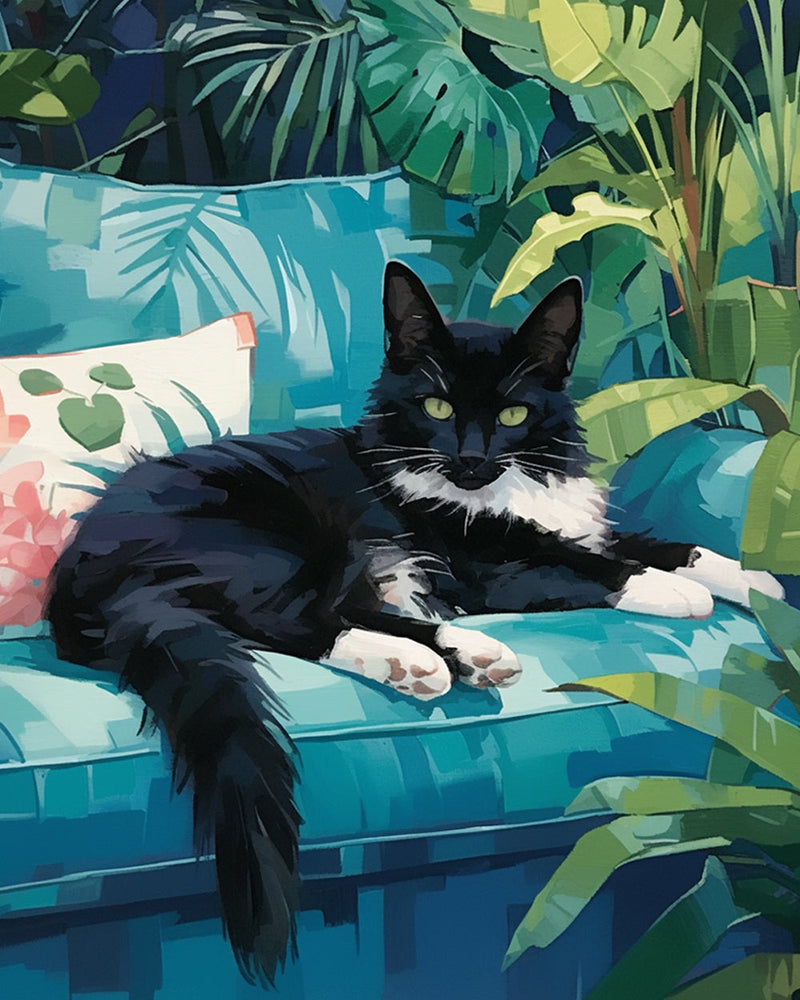 Black Cat on the Green Sofa Diamond Painting