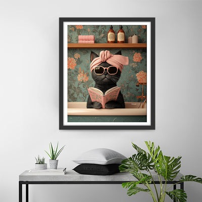Black Cat Reading a Book Diamond Painting