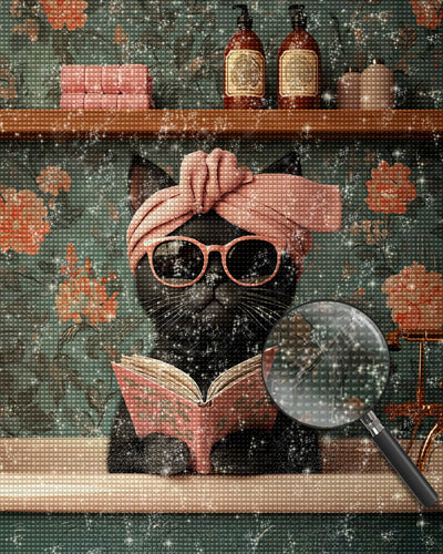 Black Cat Reading a Book Diamond Painting
