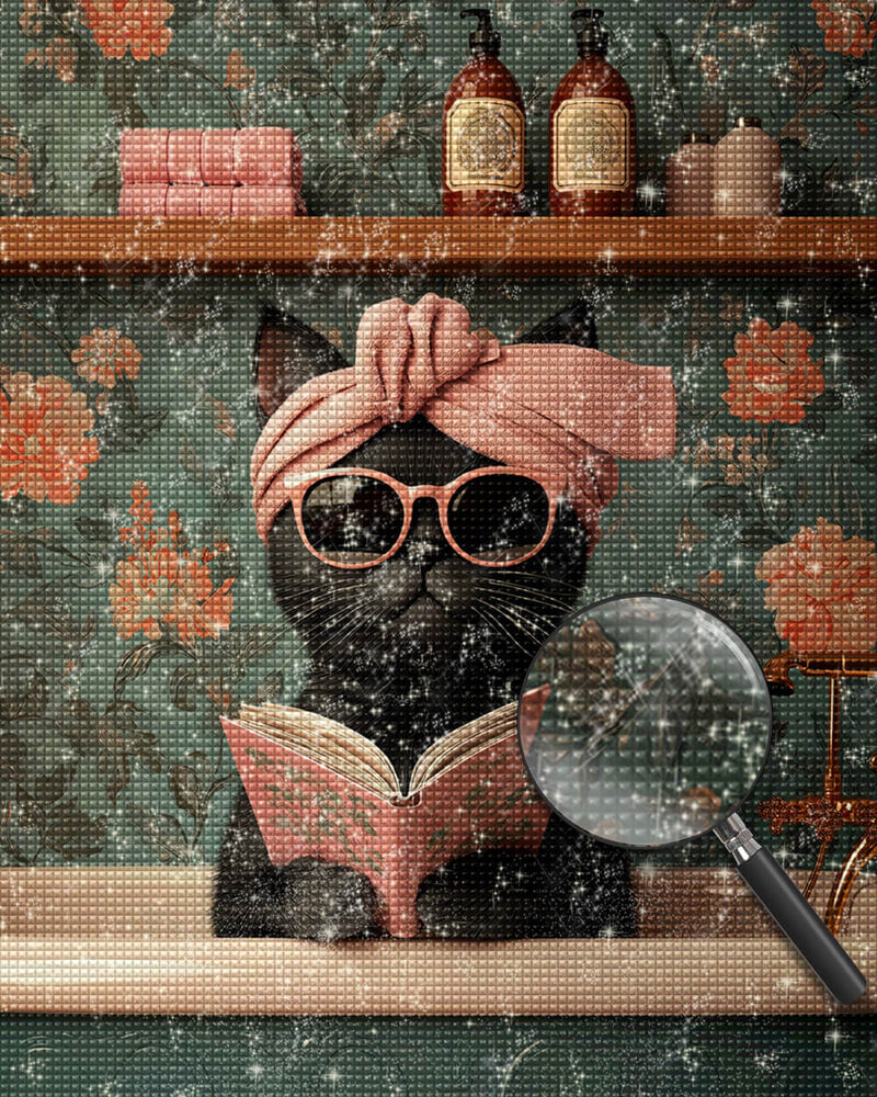 Black Cat Reading a Book Diamond Painting