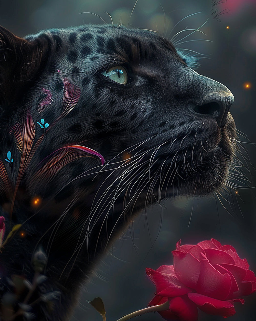 Black Leopard and Red Rose Diamond Painting