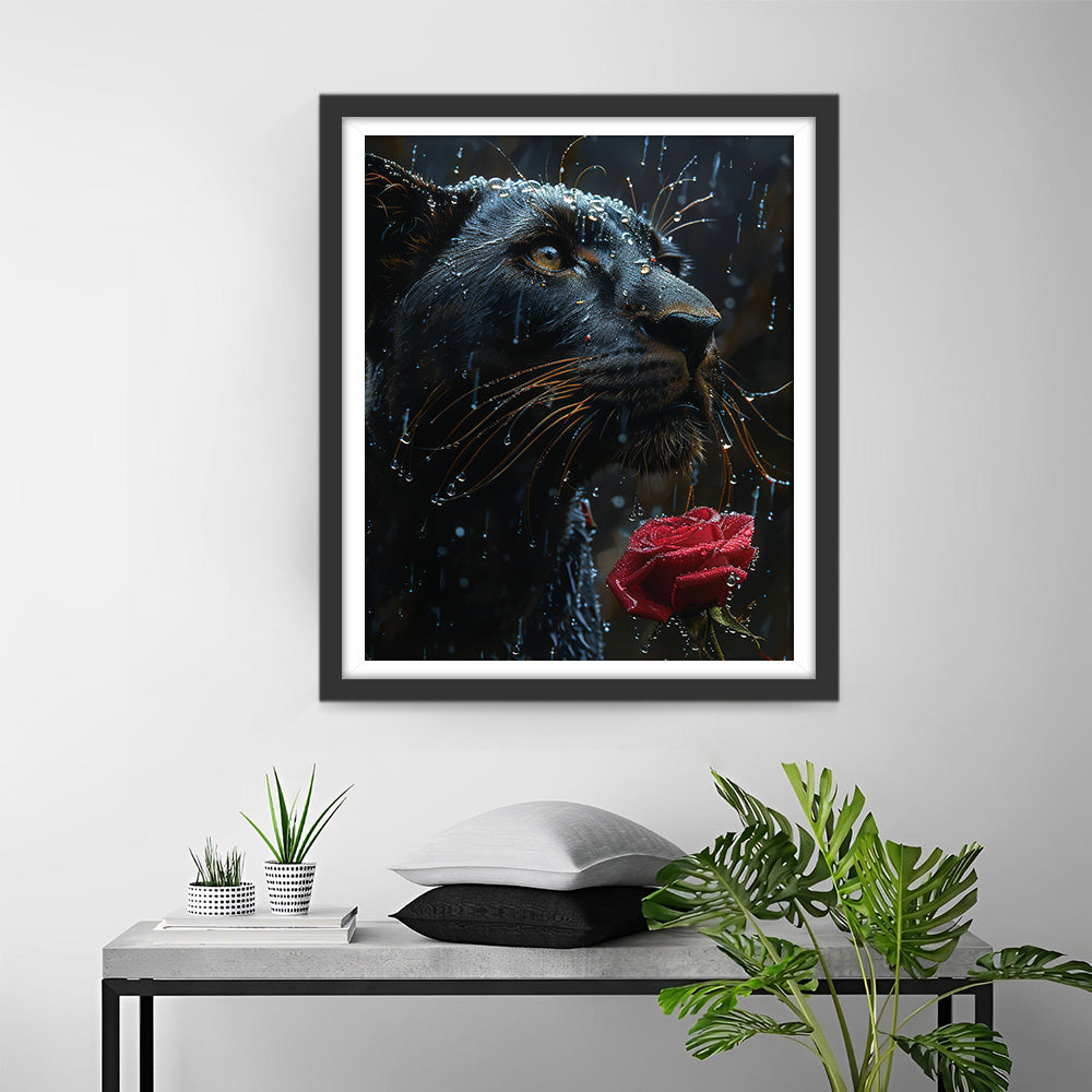 Black Panther and Red Rose in the Rain Diamond Painting