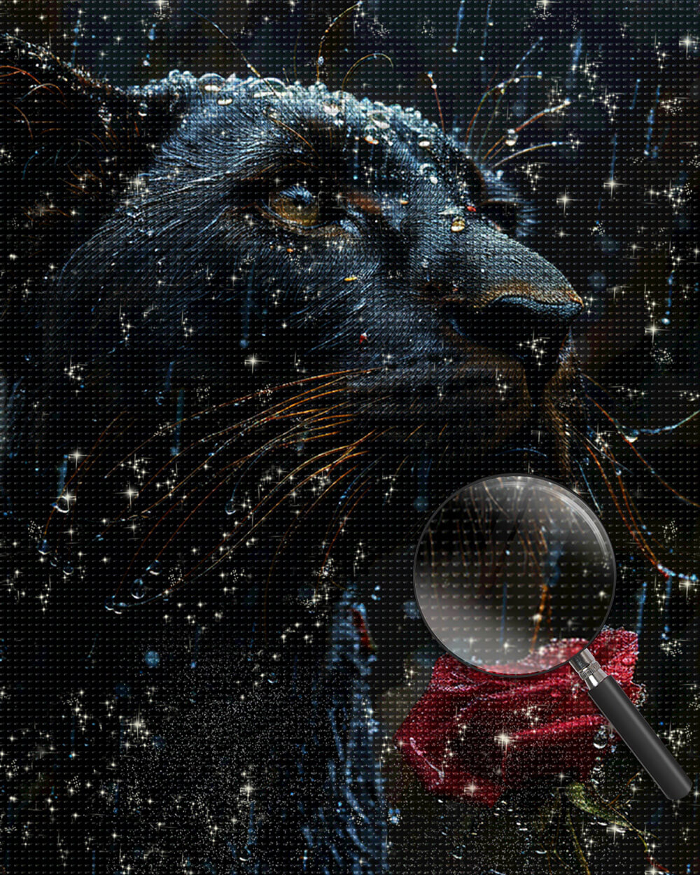 Black Panther and Red Rose in the Rain Diamond Painting