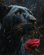 Black Panther and Red Rose in the Rain Diamond Painting