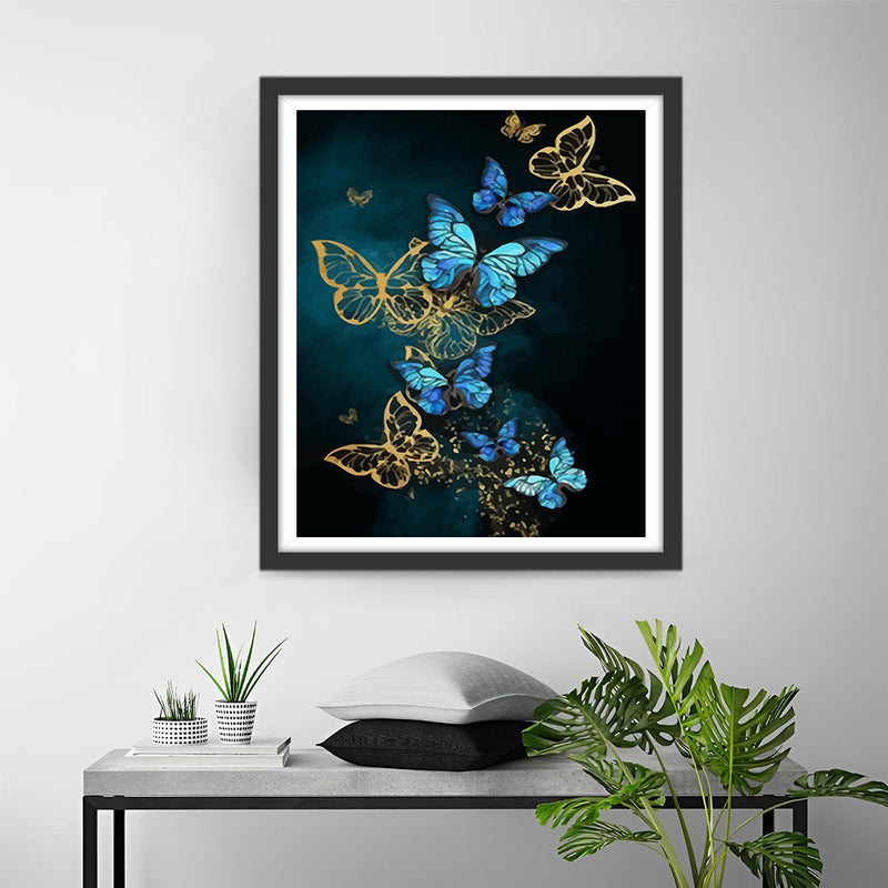 Blue and Gold Flying Butterflies Diamond Painting