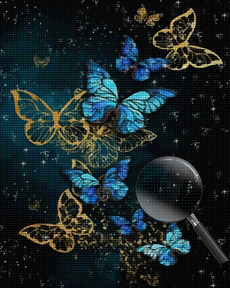 Blue and Gold Flying Butterflies Diamond Painting