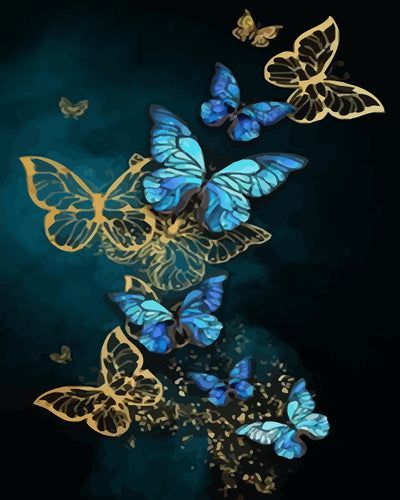 Blue and Gold Flying Butterflies Diamond Painting