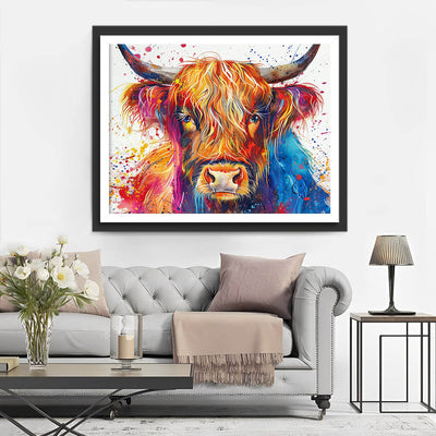 Blue and Orange Watercolor Highland Cow Diamond Painting