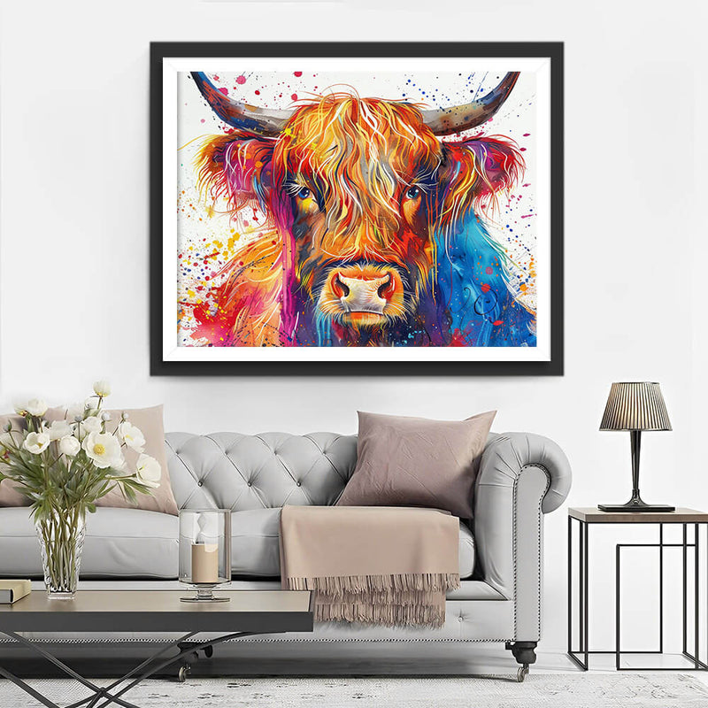 Blue and Orange Watercolor Highland Cow Diamond Painting