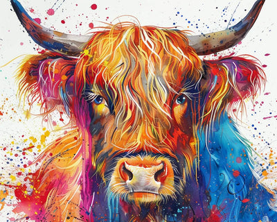 Blue and Orange Watercolor Highland Cow Diamond Painting
