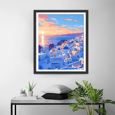 Blue and White Buildings on the Coast Diamond Painting