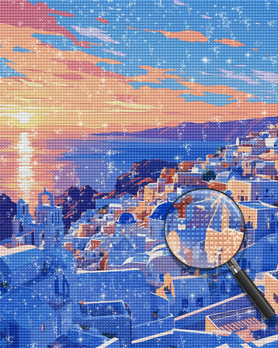 Blue and White Buildings on the Coast Diamond Painting