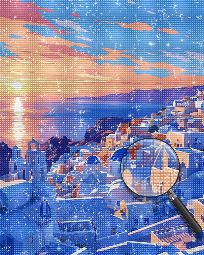 Blue and White Buildings on the Coast Diamond Painting