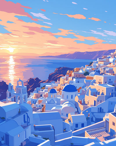 Blue and White Buildings on the Coast Diamond Painting