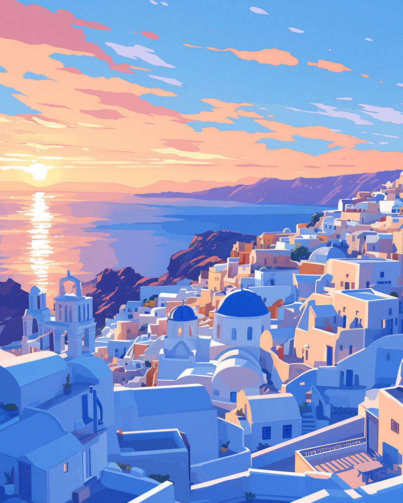 Blue and White Buildings on the Coast Diamond Painting
