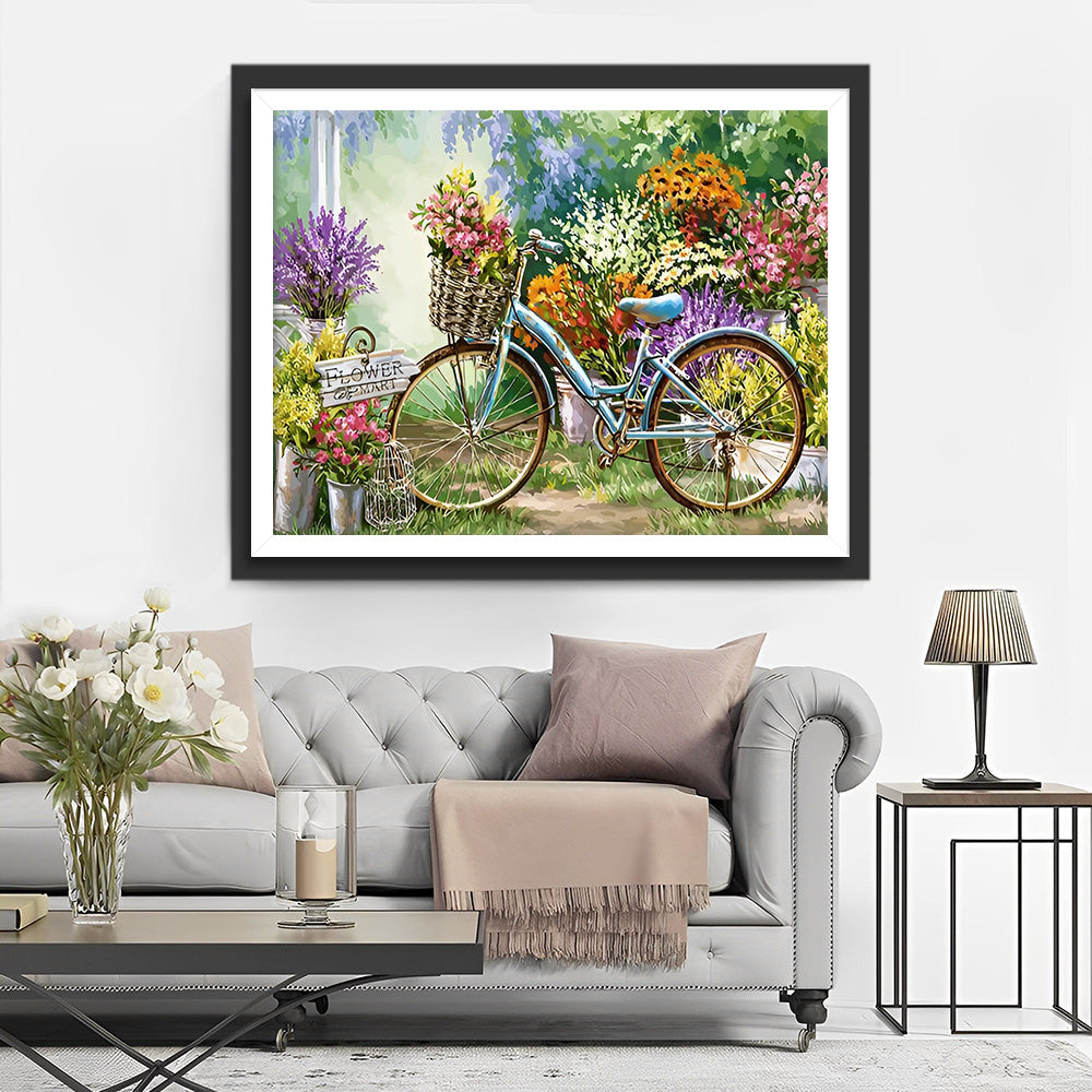 Blue Bike in the Flower Market Diamond Painting