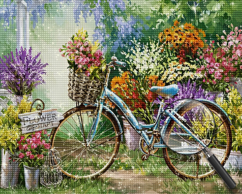 Blue Bike in the Flower Market Diamond Painting