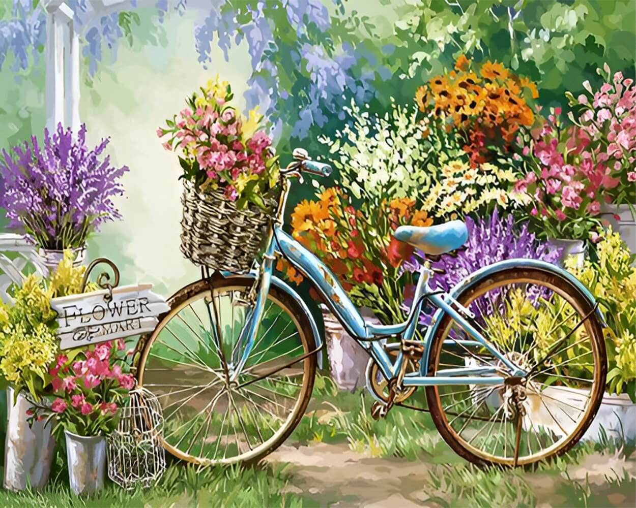 Blue Bike in the Flower Market Diamond Painting