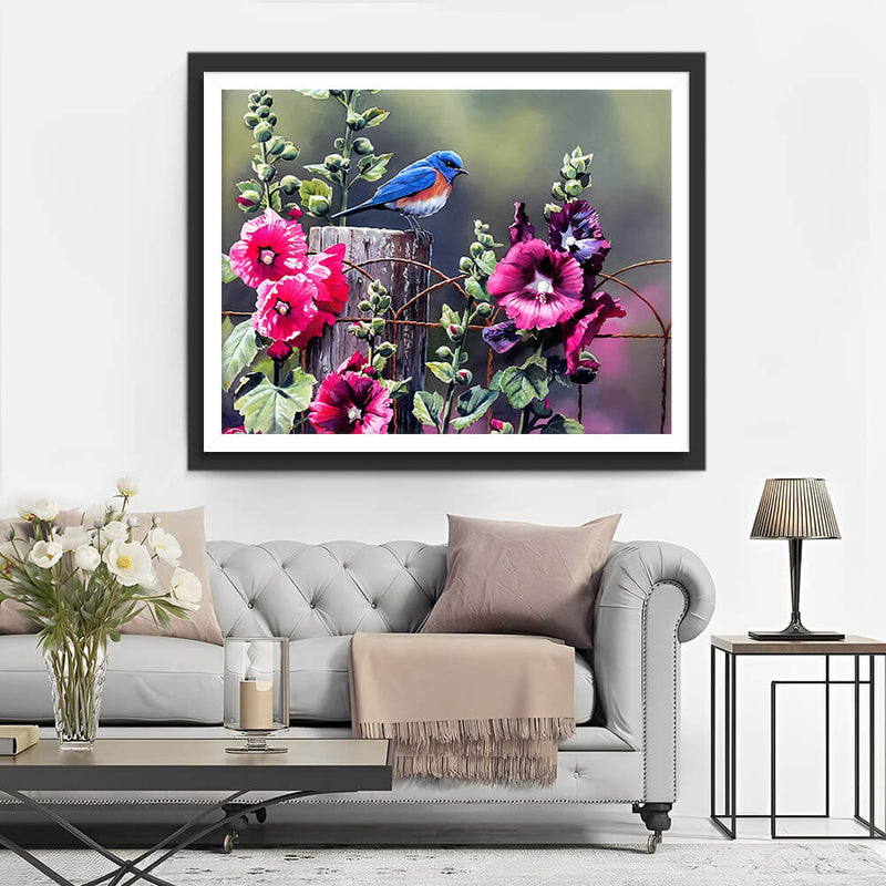 Blue Bird and Red Flowers Diamond Painting