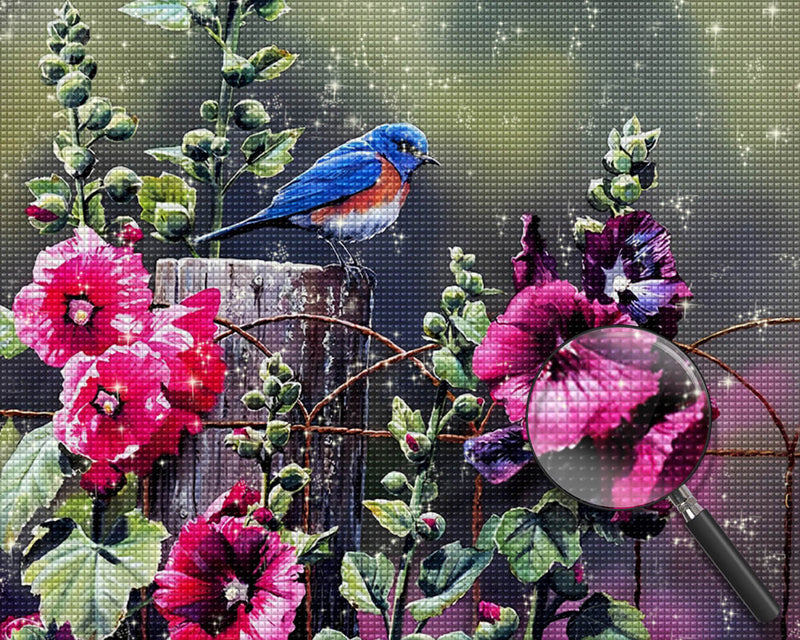 Blue Bird and Red Flowers Diamond Painting