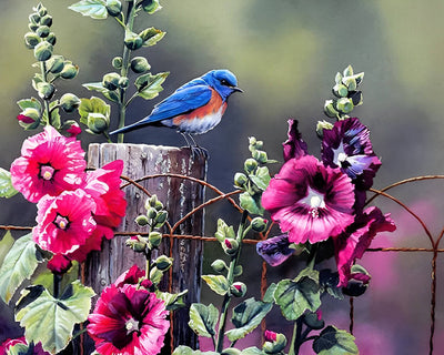 Blue Bird and Red Flowers Diamond Painting
