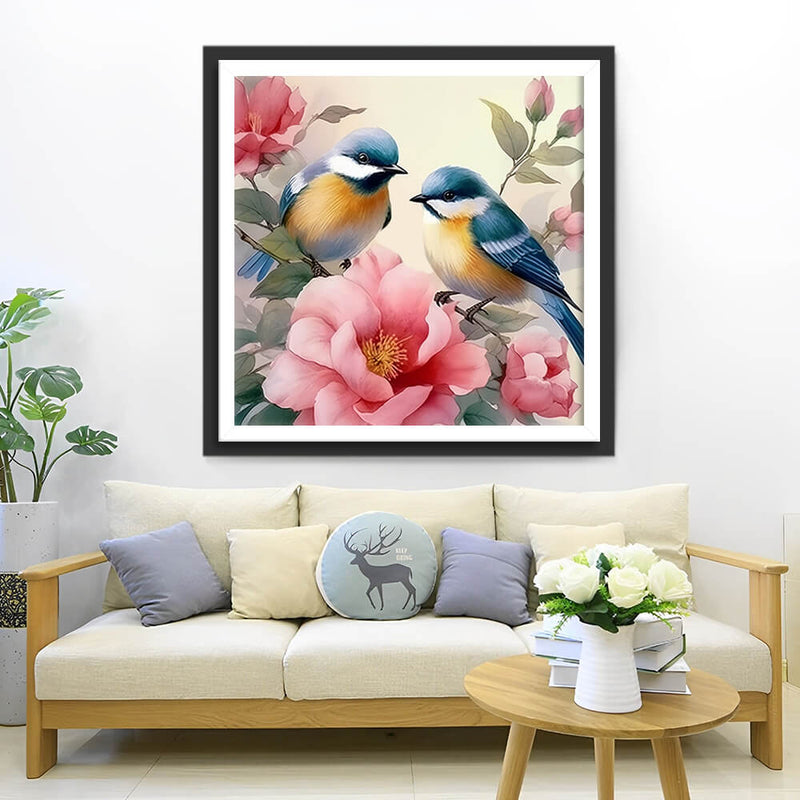 Blue Birds and Pink Flowers Diamond Painting