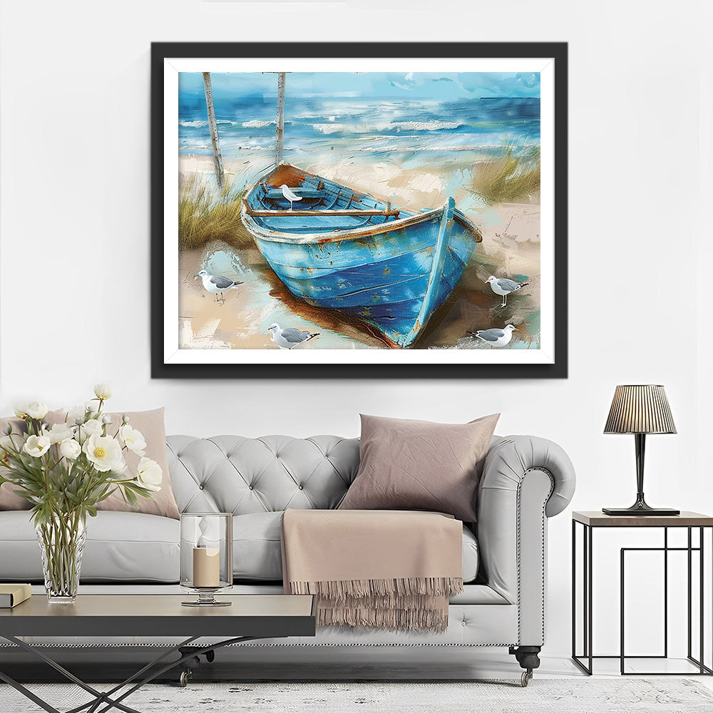 Blue Boat on the Beach Diamond Painting
