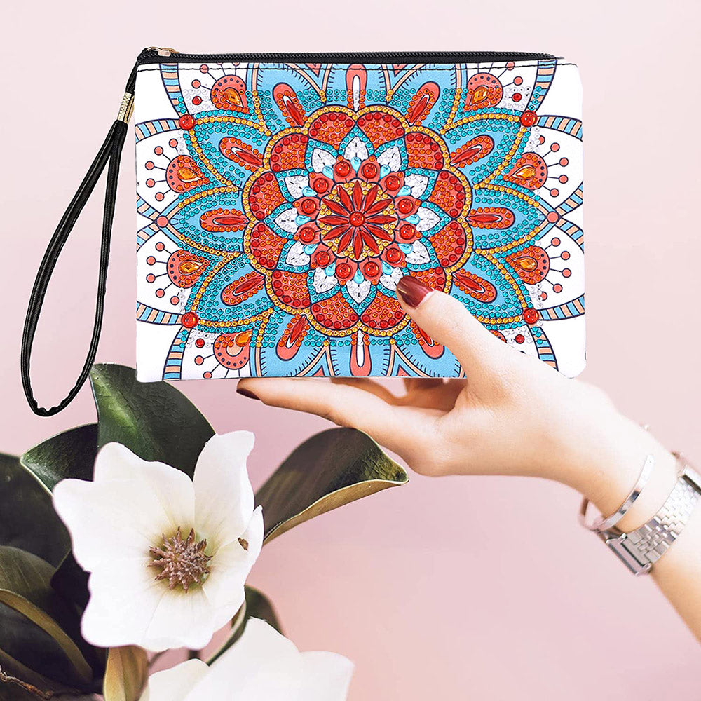Blue-Orange Lotus Mandala Diamond Painting Wrist Bag 