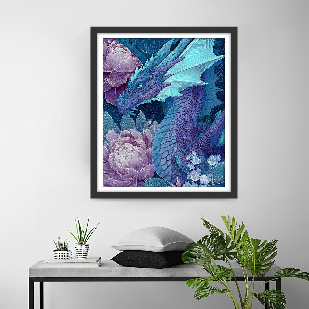 Blue-Purple Loong and Pink Peony Diamond Painting
