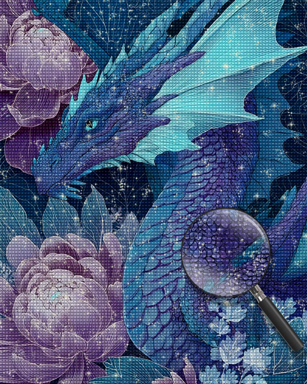 Blue-Purple Loong and Pink Peony Diamond Painting