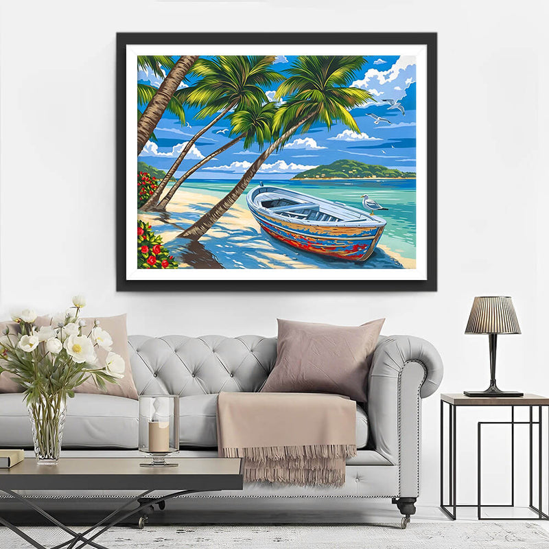 Boat and Palm Trees by the Sea Diamond Painting