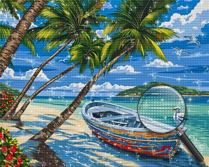 Boat and Palm Trees by the Sea Diamond Painting