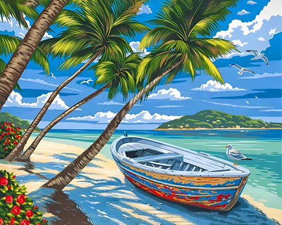 Boat and Palm Trees by the Sea Diamond Painting