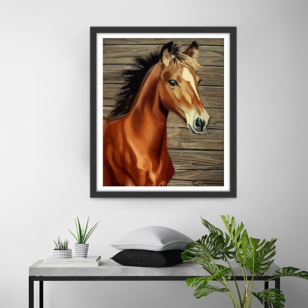 Brown Horse in front of Wooden Board Diamond Painting