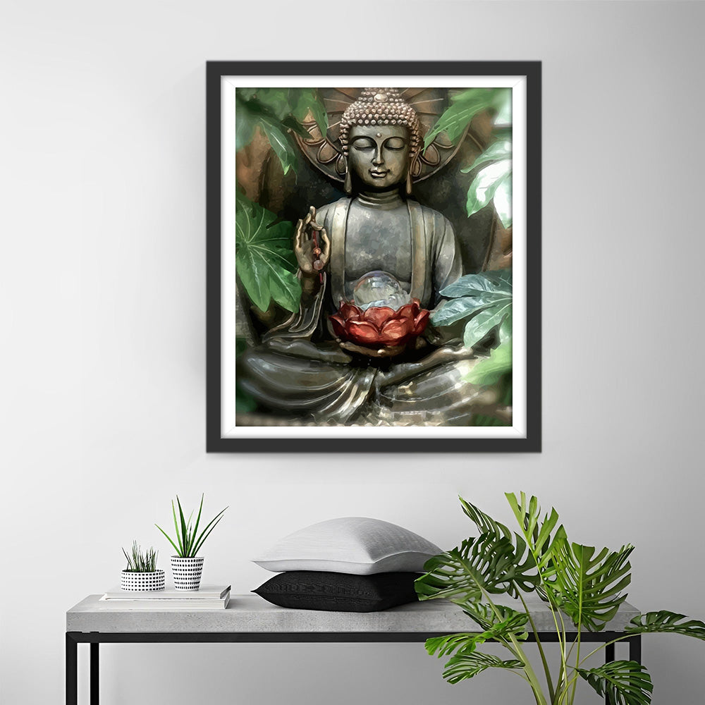 Buddha Statue Holding a Red Lotus Diamond Painting