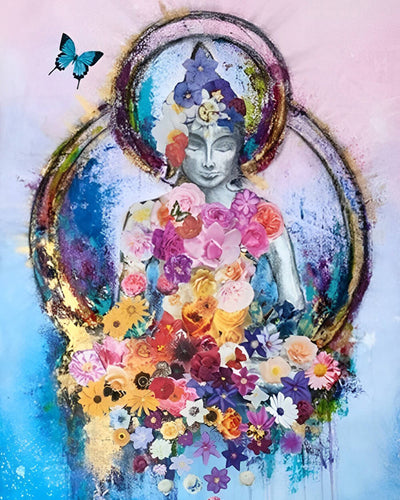 Buddha Statue Surrounded by Flowers Diamond Painting