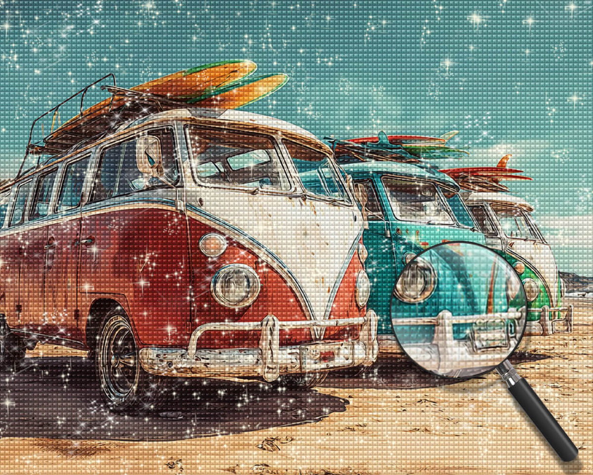 Buses Equipped with Surfboards on the Beach Diamond Painting