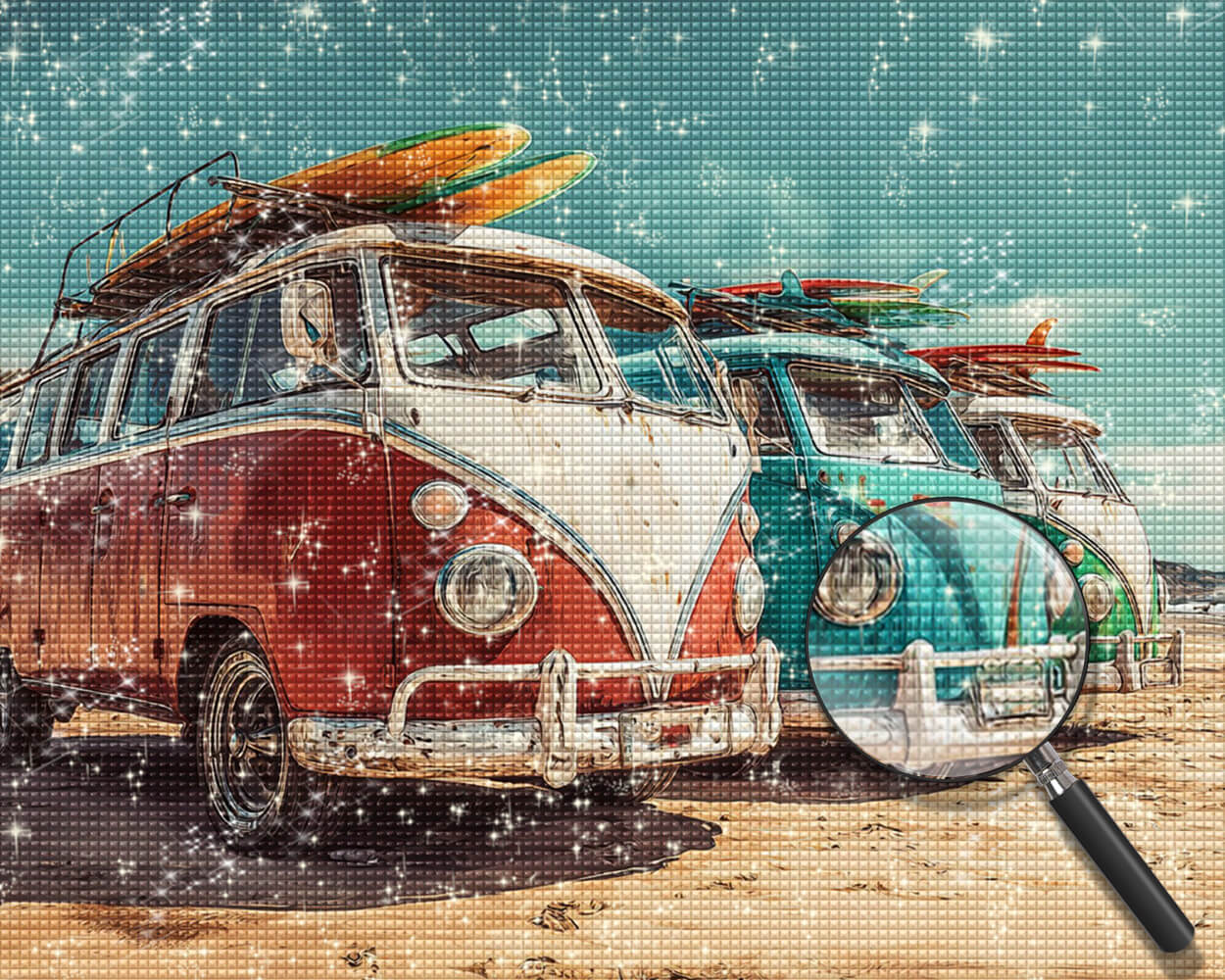 Buses Equipped with Surfboards on the Beach Diamond Painting