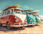 Buses Equipped with Surfboards on the Beach Diamond Painting