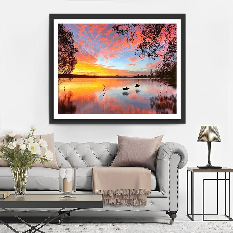 Calm Lake under Pink Clouds Diamond Painting
