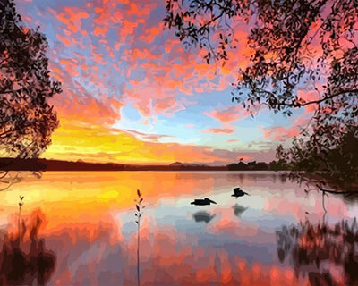 Calm Lake under Pink Clouds Diamond Painting