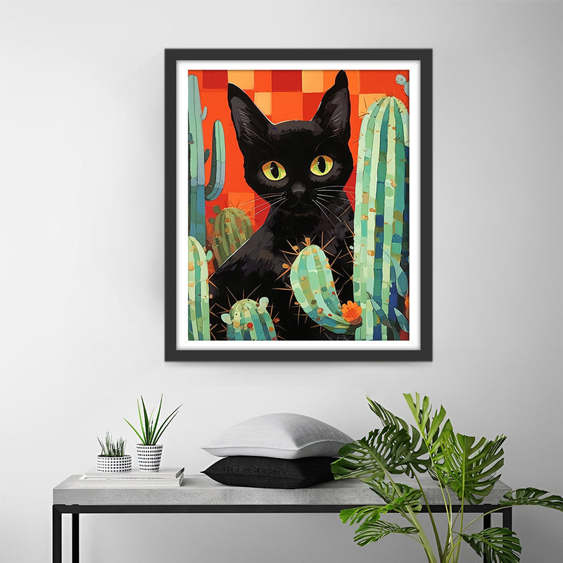 Cartoon Black Cat and Cactus Diamond Painting