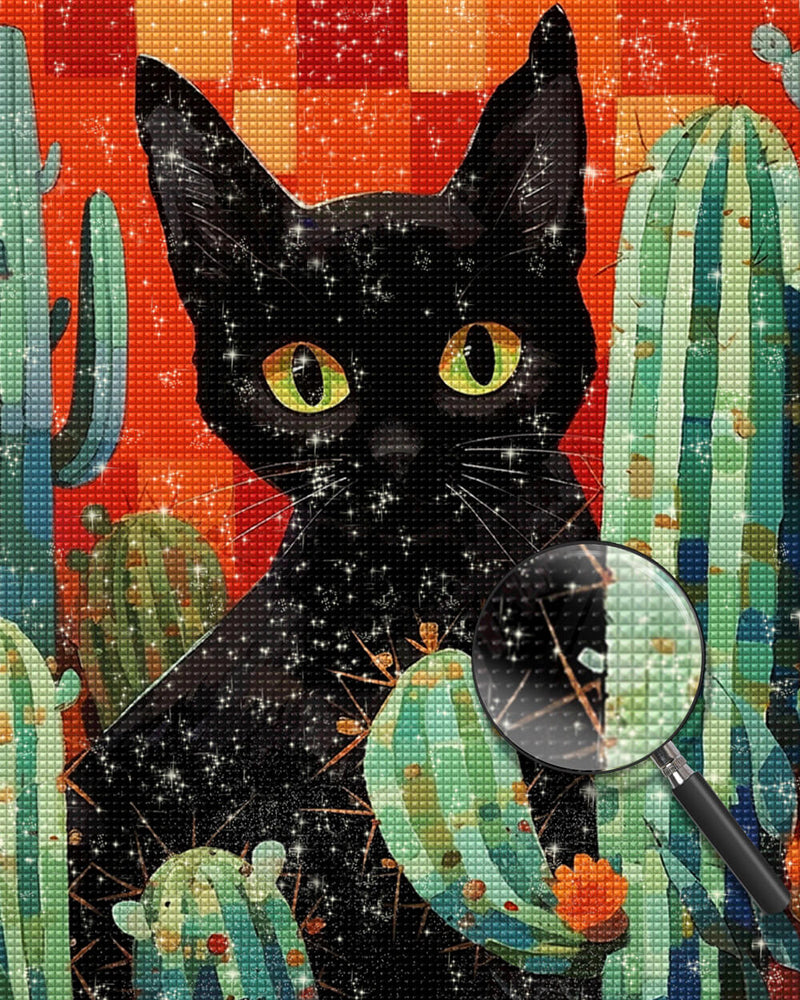 Cartoon Black Cat and Cactus Diamond Painting