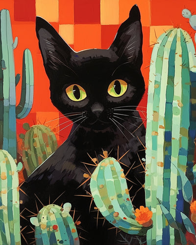Cartoon Black Cat and Cactus Diamond Painting
